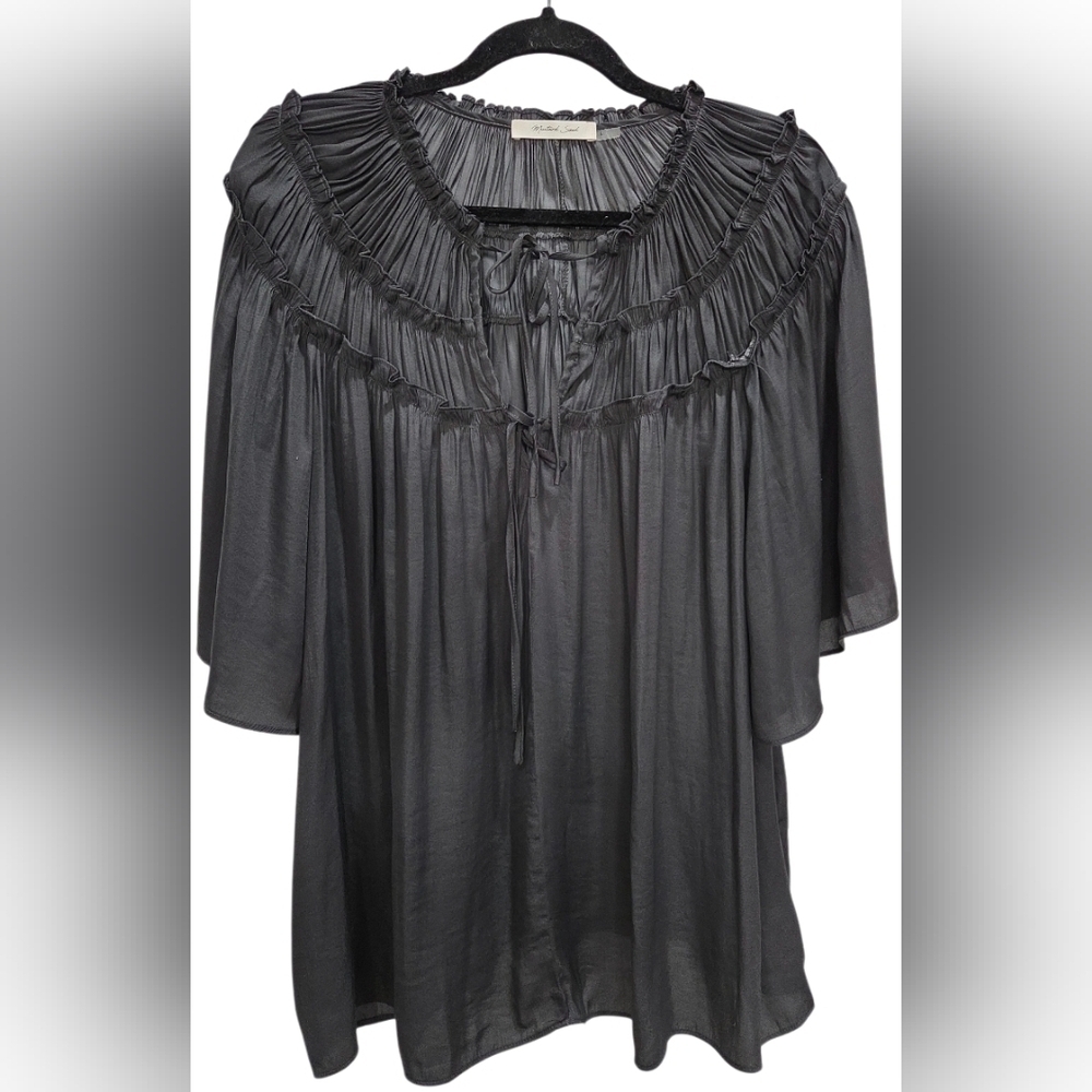 Mustard Seed Charcoal Womans Ruffled, Tie Front Blouse, Size Large